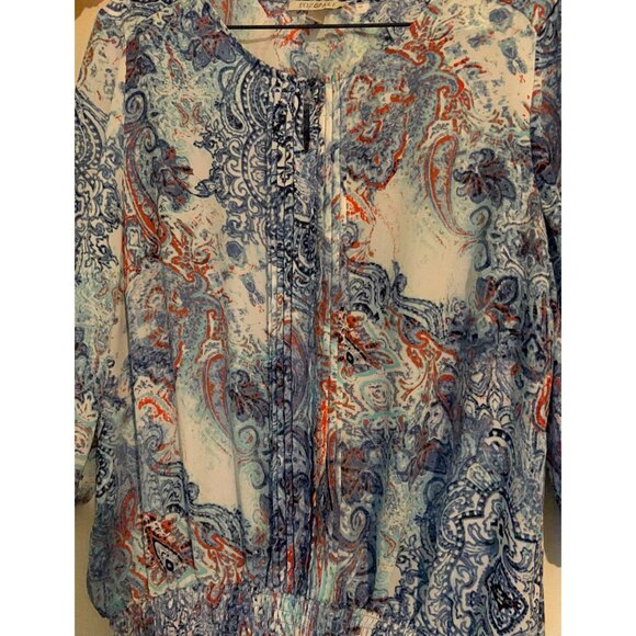 Roz & Ali XL Boho Paisley Blouse Womens Peasant Top Sheer 3/4 Sleeve Blue Orange - Picture 9 of 12